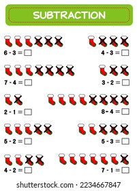 Subtraction.  Math worksheet for kids. Developing numeracy skills. Solve examples and write. Mathematics. Vector illustration.Educational math children game. Subtraction for kids.