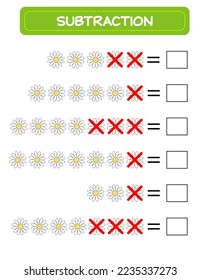 Subtraction.  Math worksheet for kids. Developing numeracy skills. Solve examples and write. Mathematics. Vector illustration.Educational math children game. Subtraction for kids