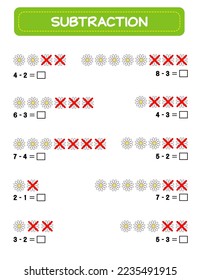 Subtraction.  Math worksheet for kids. Developing numeracy skills. Solve examples and write. Mathematics. Vector illustration.Educational math children game. Subtraction for kids