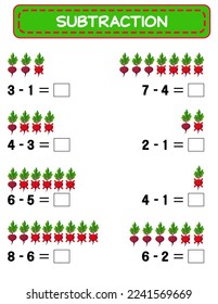 Subtraction. Math worksheet for kids. Developing numeracy skills. Solve examples and write. Mathematics. Vector illustration.Educational math children game. Subtraction for kids.