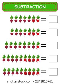 Subtraction.  Math worksheet for kids. Developing numeracy skills. Solve examples and write. Mathematics. Vector illustration.Educational math children game. Subtraction for kids