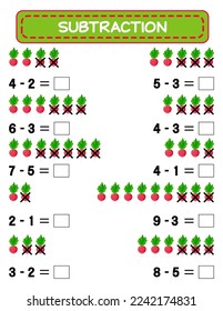 Subtraction.  Math worksheet for kids. Developing numeracy skills. Solve examples and write. Mathematics. Vector illustration.Educational math children game. Subtraction for kids