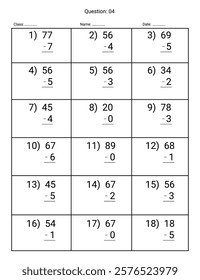 Subtraction Maths Worksheet for kids. Number range up to 100.