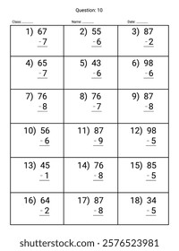 Subtraction Maths Worksheet for kids. Number range up to 100.