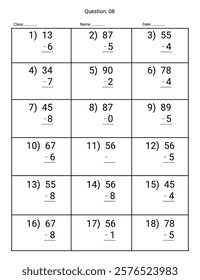 Subtraction Maths Worksheet for kids. Number range up to 100.