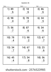 Subtraction Maths Worksheet for kids. Number range up to 100.