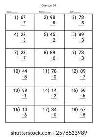 Subtraction Maths Worksheet for kids. Number range up to 100.