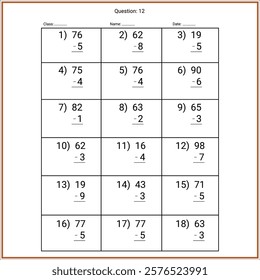 Subtraction Maths Worksheet for kids. Number range up to 100.