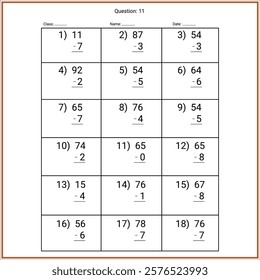 Subtraction Maths Worksheet for kids. Number range up to 100.