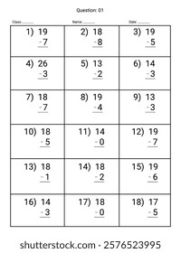 Subtraction Maths Worksheet for kids. Number range up to 100.