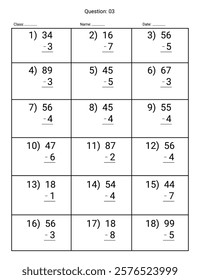 Subtraction Maths Worksheet for kids. Number range up to 100.