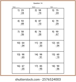 Subtraction Maths Worksheet for kids. Number range up to 100.