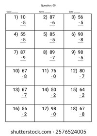 Subtraction Maths Worksheet for kids. Number range up to 100.