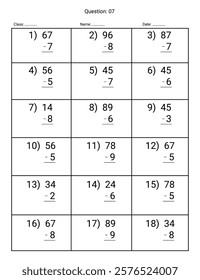 Subtraction Maths Worksheet for kids. Number range up to 100.