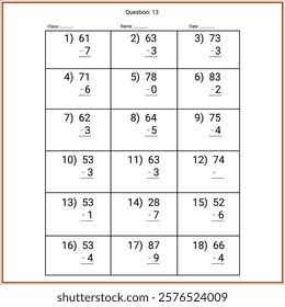 Subtraction Maths Worksheet for kids. Number range up to 100.