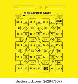 Subtraction maze puzzle worksheet for children