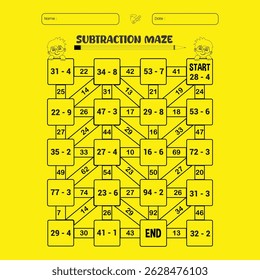 Subtraction maze puzzle worksheet for children