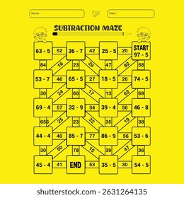 subtraction maze puzzle worksheet for children