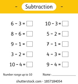 Subtraction. Number range up to 10. Math worksheet for kids. Solve examples and write. Mathematics. Developing numeracy skills. Vector illustration