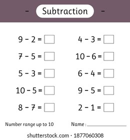 Subtraction. Number range up to 10. Math worksheet for kids. Solve examples and write. Developing numeracy skills. Mathematics. Vector illustration