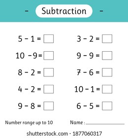 Subtraction. Number range up to 10. Math worksheet for kids. Developing numeracy skills. Solve examples and write. Mathematics. Vector illustration