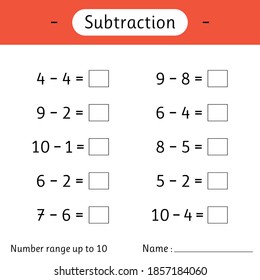Subtraction. Number range up to 10. Mathematics. Math worksheet for kids. Solve examples and write. Developing numeracy skills. Vector illustration