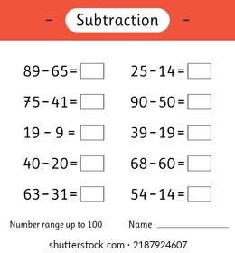 Subtraction. Number range up to 100. Math worksheet for kids. Solve examples and write. Developing numeracy skills. Mathematics. Vector illustration