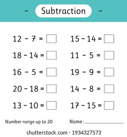 Subtraction. Number range up to 20. Math worksheet for kids. Solve examples and write. Mathematics. Developing numeracy skills. Vector illustration