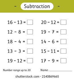 Subtraction. Number range up to 20. Math worksheet for kids. Solve examples and write. Developing numeracy skills. Mathematics. Vector illustration