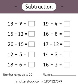 Subtraction. Number range up to 20. Mathematics. Math worksheet for kids. Solve examples and write. Developing numeracy skills. Vector illustration