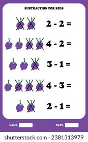 Subtraction page for kids. Educational math game for children with grape. Printable worksheet design. Learning mathematic.