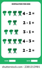 Subtraction page for kids. Educational math game for children with broccoli. Printable worksheet design. Learning mathematic.
