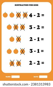 página de resta para niños. Juego de matemáticas educativas para niños con naranja. Diseño de hoja de cálculo imprimible. Aprender matemático.