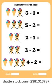 Subtraction page for kids. Educational math game for children with ice cream. Printable worksheet design. Learning mathematic.
