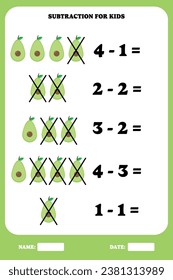 Subtraction page for kids. Educational math game for children with avocado. Printable worksheet design. Learning mathematic.