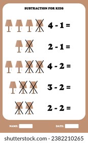 Subtraction page for kids. Educational math game for children with lamp. Printable worksheet design. Learning mathematic.