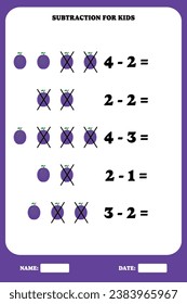 Subtraction page for kids. Educational math game for children with plum. Printable worksheet design. Learning mathematic.