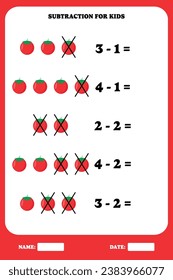 página de resta para niños. Juego educativo de matemáticas para niños con tomate. Diseño de hoja de cálculo imprimible. Aprender matemático.