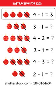 Subtraction with red Christmas ball. Educational math game for kids.