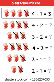 Subtraction with red Christmas socks. Educational math game for kids.
