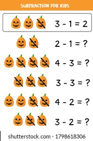 Subtraction with spooky Halloween pumpkins. Educational math game for kids.