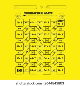 Subtraction vector maze puzzle worksheets