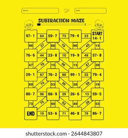 Subtraction vector maze puzzle worksheets