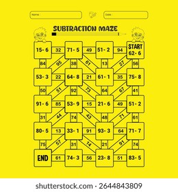 Subtraction vector maze puzzle worksheets