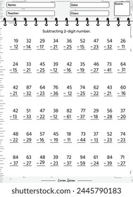 Número de dos dígitos de la hoja de cálculo de resta.  Juego educativo para niños. actividades divertidas para que los niños jueguen y aprendan.