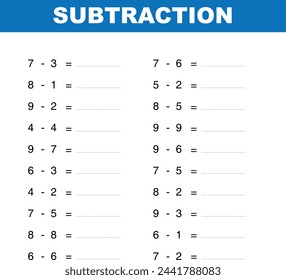 Subtraction worksheet for kids, math activity for children 