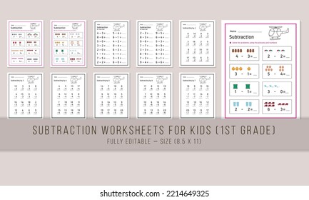 Subtraction worksheet teaching material template design