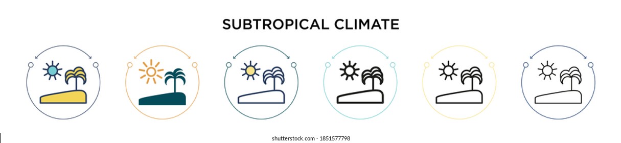 Icono de clima subtropical en el estilo relleno, delgado, contorno y trazo. Ilustración vectorial de dos iconos de los vectores climáticos subtropicales de color y negro se puede utilizar para móviles, ui, web