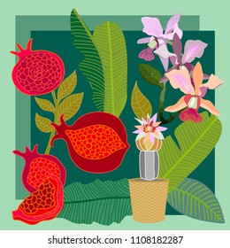 Subtropical garden.  Vintage textile collection. Silk scarf with pomegranates, orchids and palm leaves on dark green background.