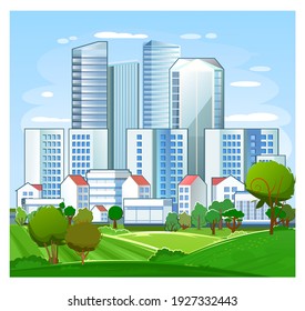 A suburb of a big city. Cityscape. High-rise buildings, skyscrapers and high-rise buildings. Green parkland and farm fields. Flat style. Plots of land on the outskirts of the city. Vector